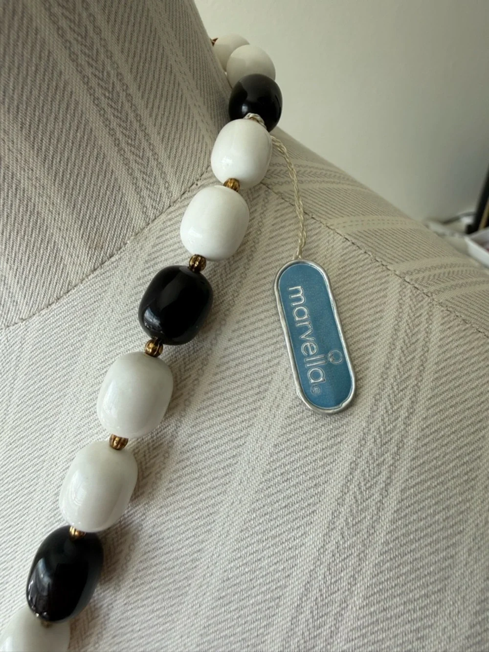 Vintage Marvella Mod Beaded Necklace-Black & White Lucite Milk Glass Style - NWT